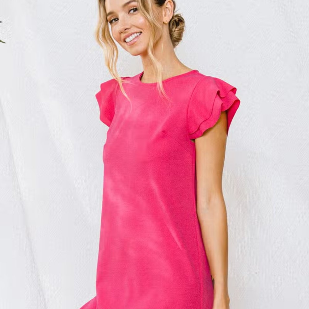 RUFFLE SLEEVE DRESS-FUCHSIA
